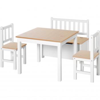 Conjunto Infantil de Mesa Banco y 2 Sillas de Madera con Espacio de Almacenamiento