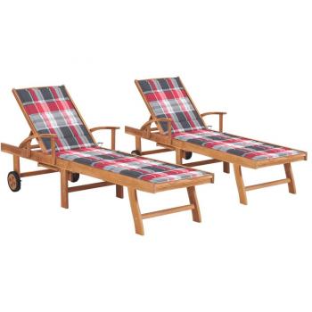 Tumbonas de madera maciza de teca con cojín a cuadros rojos (2 unidades)