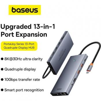 HUB Baseus Portal 13 en 1 con soporte para cuatro pantallas y múltiples puertos