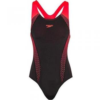 Speedo Placement Laneback Bañador, Mujer, Black/Phoenix Red, 34