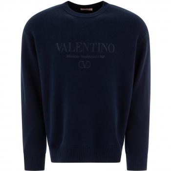 Valentino Men's Blue Knitwear, Size Large, Round-neck with Embroidered Logo (5V3KC30AACF598)