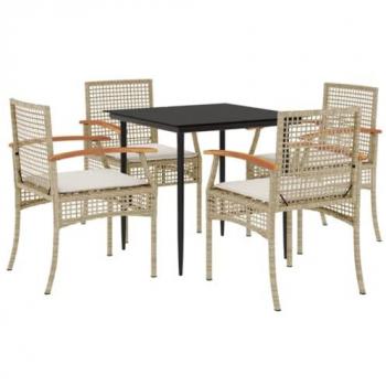 vidaXL 5 Piece Garden Dining Set with Cushions Beige Poly Rattan, Tempered Glass Outdoor Table, Weather-Resistant Patio Furniture