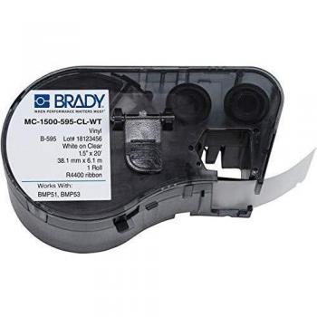 Cinta para impresora de etiquetas Brady, color Blanco sobre fondo Transparente, compatible con BMP51 y BMP53, dimensiones 38,1 mm x 6,1 m