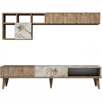 Set de Mueble TV y Estantería Milan en Melamina Nogal/Efecto Mármol Blanco 180 cm