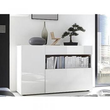 Aparador ALTAÏR - 1 puerta, 2 cajones, blanco lacado brillante - 130 x 41 x 82 cm