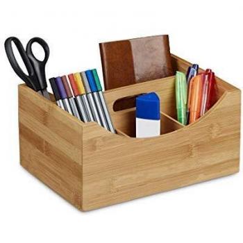Organizador de Escritorio de Bambú con Asa, Portalápices y 4 Compartimentos, Natural, 12x25x18 cm