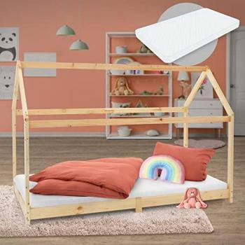 Cama Infantil de Pino Natural 90x200 cm con Colchón y Techo en Forma de Casa