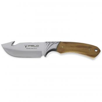 iFIELD Cuchillo desollador Camper EL29010, Longitud 22,5 cms, Hoja 10,5 cm, Grosor 3,8 mm, Mango de Olivo, Incluye Funda de Piel marrón, Herramienta de Camping para Pesca, Caza, Actividad Deportiva