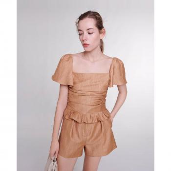 Maje Women's Brown Ruffled Square Neck Top - Size Small