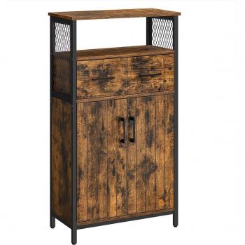 Aparador industrial de almacenaje con estante ajustable y cajón, estructura de acero, color marrón rústico y negro, dimensiones 60x30x108 cm