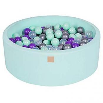 Piscina de Bolas MeowBaby 90x30cm con 200 Bolas ∅7cm en Menta/Transparente/Plateado/Violeta, Certificada para Niños