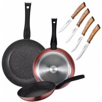 San Ignacio Pack de 3 Sartenes Ø20/24 y 28 Cms + Set de 4pc de Cuchillos Chuleteros