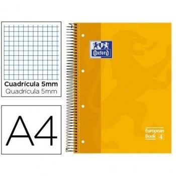 Paquete de 5 Cuadernos Oxford Europeanbook-1, A4+, Espiral, Tapa Extradura, Microperforado, 80 Hojas con Cuadrícula 5x5mm, Color Amarillo