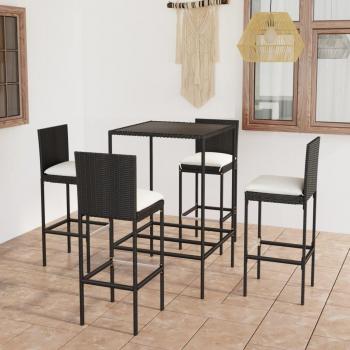 Conjunto de jardín 5 PCs con almohadas de Polyrattan negro, incluye mesa y taburetes altos
