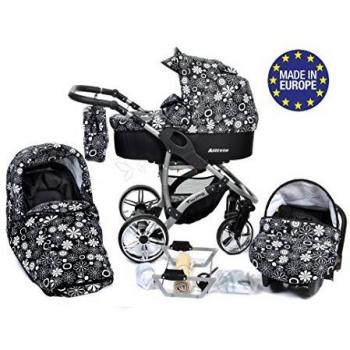 Baby Sportive Allivio - Sistema de viaje 3 en 1, silla de paseo, carrito con capazo y silla de coche, RUEDAS GIRATORIAS y accesorios, color negro, flores blancas