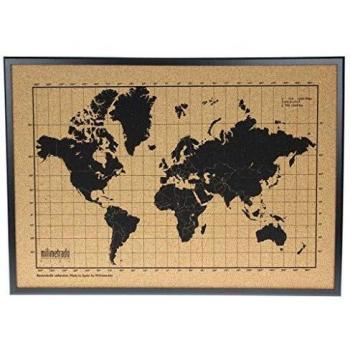 Mapa del mundo de corcho con marco de madera negra y marrón 70x50 cm, tablón de anuncios para marcar viajes, regalo original para viajeros, diseñado y fabricado en España