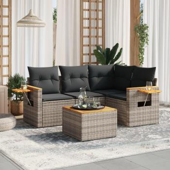 5-Piece Grey Poly Rattan Garden Sofa Set with Cushions