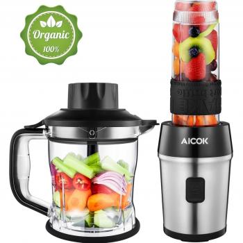 Aicok Batidora de Vaso 700W, 3 en 1 Batidora para Smoothie , Picador electrica para Carne Frutas y Vegetales, Taza de Molienda de 200 ml, Taza de 1200 ml, Taza Portátil de 570 ml en sin BPA, Negro