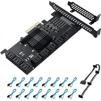 BEYIMEI Tarjeta PCI-E 4X SATA de 16 Puertos, Tarjeta SATA 3.0 PCIe de 6 Gbit/s, Tarjeta de Expansión de Controladores PCIe a SATA de Disco Duro Compatible con 16 Dispositivos SATA 3.0