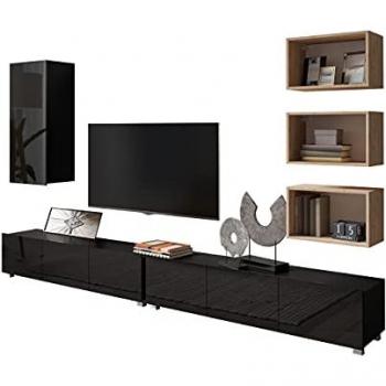 Conjunto de salón Providence B154, Aglomerado laminado, Negro + Negro brillante + Roble Artisan, Con mesa de TV y partes separadas