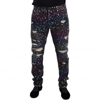 Dolce & Gabbana Black Multicolor Print Tattered Denim Jeans - IT50 | L, Slim-fit Jeans, male, Multicolor, Size: L