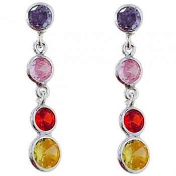 Pendientes Largos de Plata de Ley 925m para Mujer con Circonitas Redondas Combinadas en Colores, 25mm, Cierre de Presión