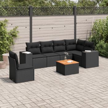 Set de comedor de jardín 7 pzas con cojines de ratán sintético negro