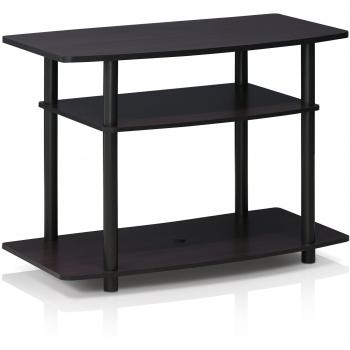 Furinno Turn-N-Tube 3-Tier TV Stand for TVs up to 32 in Dark Walnut, made of particle board, features open storage design, and requires no tools for assembly