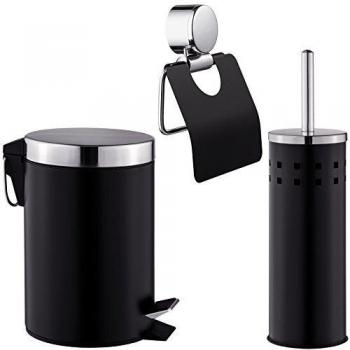 Set para el WC de 3 piezas Tectake - Cubo con pedal, cubo interior de plástico extraíble, diseño moderno lacado en negro y acero inoxidable