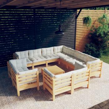 12-Piece Solid Pinewood Garden Lounge Set with Cream Cushions