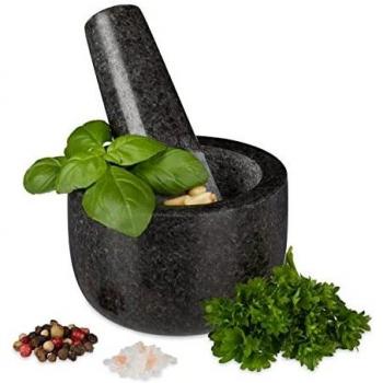 Mortero de Granito con Pistilo, 100 ml, Ø 8.5 cm, Resistente y Pulido para Especias y Hierbas - Relaxdays