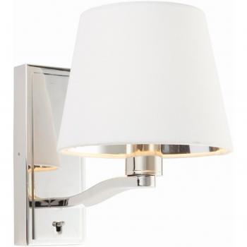 Aplique de pared Harvey, níquel con pantalla redonda de tela blanca vintage y zócalo USB