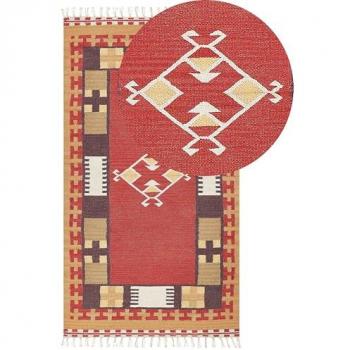 Alfombra Kilim Multicolor de Algodón 80 x 150 cm Tejida a Mano Reversible con Patrón Geométrico y Borlas