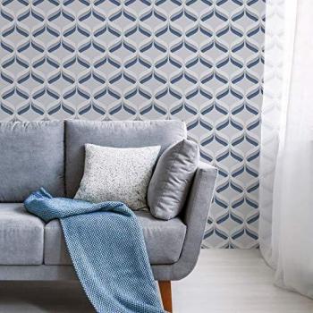 Papel Tapiz Geométrico Retro Ogee en Gris y Azul Marino Fresco