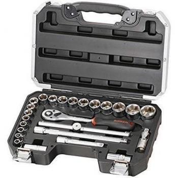 Caja con regatones / llave de chicharra y accesorios, 25 artículos de 10-32 mm, 18 regatones
