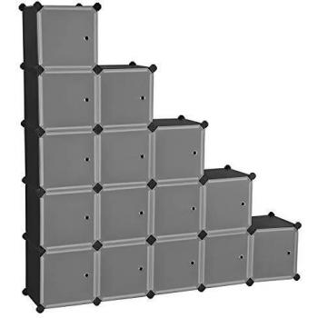 SONGMICS Estantería Modular, Armario Modular de 16 Cubos, Estantería de Plástico con Puertas, para Zapatillas, Ropa, Juguetes, Libros, Fácil de Montar, Negro LPC44HS