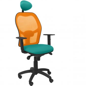 PIQUERAS Y CRESPO Modelo Jorquera - Silla de oficina ergonómica con mecanismo sincro, brazos regulables y ajustable en altura - Respaldo de malla transpirable en color naranja y asiento tapizados en tejido BALI color verde claro