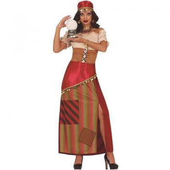 Disfraz de Pitonisa para mujer Guirca, incluye vestido largo con estampado místico, capa negra, cinturón ajustable y diadema con detalles en dorado