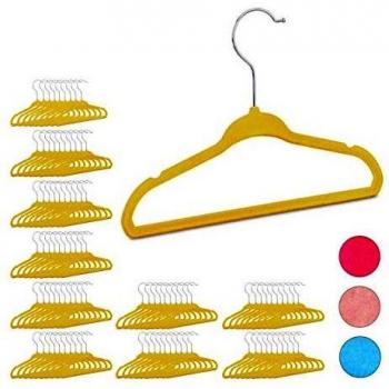 Pack de 100 Perchas Infantiles Antideslizantes de Plástico y Terciopelo, Ganchos Giratorios, Amarillo
