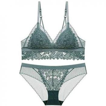 SHEKINI Mujer Conjunto de Ropa Interior Sujetador Bralette de Triángulo de Encaje Conjuntos de lencería Cómodo y Transpirable（Verde Claro,S