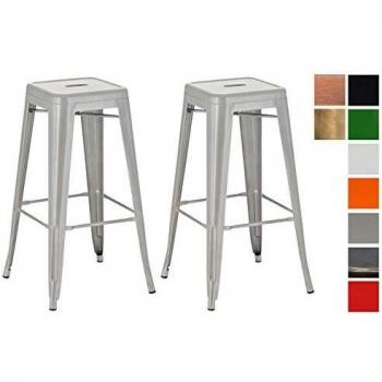 Set de 2 Taburetes Altos Metálicos Joshua en Color Plateado, Apilables y Sin Respaldo, con Reposapiés, Altura de Asiento 76 cm