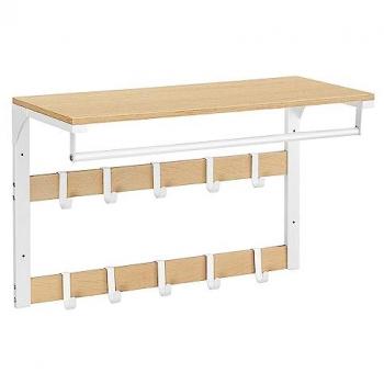 Perchero de Pared con 10 Ganchos Extraíbles y Barra de Colgar, Doble Fila, Estilo Roble y Blanco, Ideal para Pasillo, Dormitorio y Baño