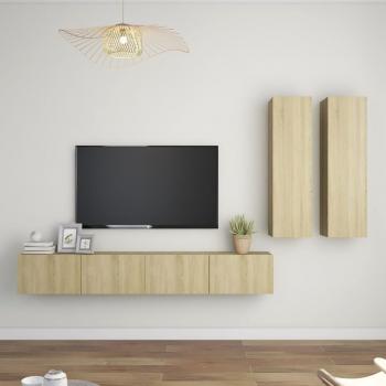 Set de muebles de salón 4 piezas madera ingeniería 100 x 30 x 30 cm, Mueble TV roble Sonoma