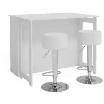Set de mesa de bar Dominic, Blanco, 116 x 37 cm con 2 taburetes de bar Vicco