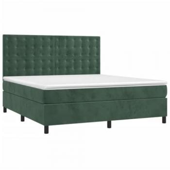 Cama Box Spring con Colchón de Terciopelo Verde Oscuro 180x200 cm, Muelles Ensacados y Protector Acolchado Reversible