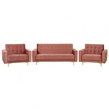 Conjunto de sala de estar 5 plazas de terciopelo rosa dorado Aberdeen (1 sofá, 2 sillones)