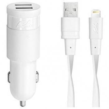 RIVACASE Cargador de Coche 3.4A con 2 Puertos USB y Cable Lightning MFI Certificado - Color Blanco