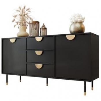Cómoda Comfivo N101, con cajones y puertas, 150 x 78 x 40 cm, color negro y dorado