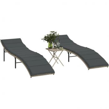 Camas de sol 2 PC con mesa gris claro en Polyrattan, Tumbonas con mesita 2 unidades ratán sintético gris claro