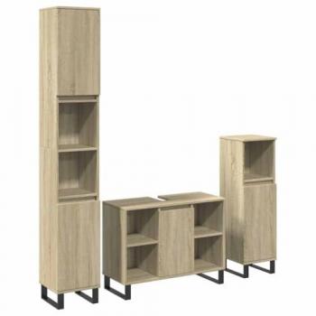 Set de muebles de baño 3 piezas madera contrachapada roble Sonoma Marrón